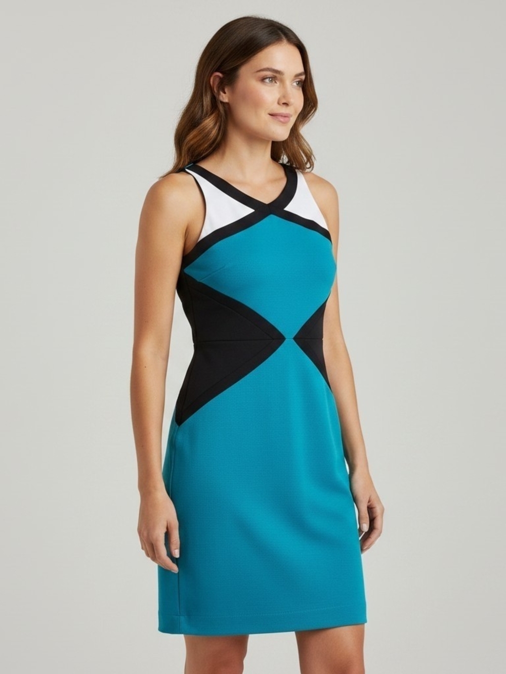 Nicole Miller Teal Colorblock Sheath Dress with Black and White Accents XL